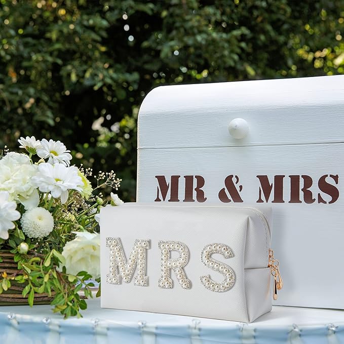 Y1tvei Bride Makeup Bag, Bridal Cosmetic Bag, Fiance Gifts for Women, Engagement Gift Basket for Her Bridal Shower, Mrs Bling Rhinestone Patches Wedding Purse, PU Leather Travel Toiletry Bag