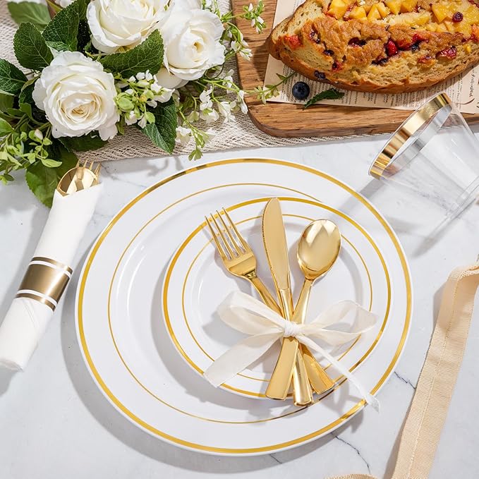 WELLIFE 350-Piece Gold Disposable Plates and Cutlery Set - Premium 10.25" Dinner Plates, 7.5" Dessert Plates, 9oz Cups & Cutlery for Weddings, Catering Events - 50 Guest Service - Elegant & Sturdy