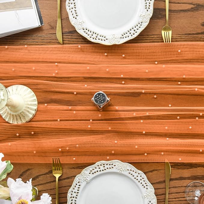 Artoid Mode Pearl Orange Gauze Table Runner 59x120 Inch , Seasonal Sheer Kitchen Dining Holiday Wedding Birthday Baby Shower Table Decor for Home Party
