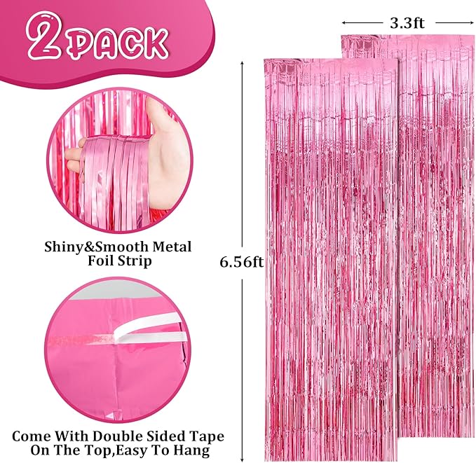 2 Pack Pink Tinsel Foil Fringe Curtains, Pink Party Decorations, Metallic Tinsel Party Streamers Backdrop for Birthday Baby Shower Graduation Wedding Bachelorette Party Decorations
