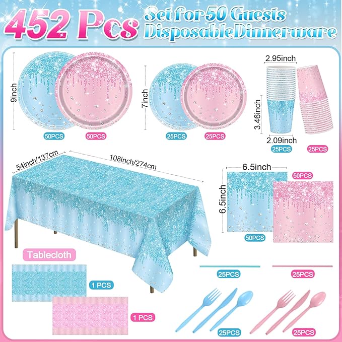 452 Pcs Gender Reveal Party Supplies Boy or Girl Party Decoration, Glitter Pink and Blue Paper Plates Napkins Cups Tablecloth Cutlery Straw for Baby Shower Birthday, Serves 50