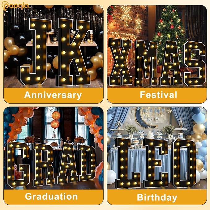 Pooqla 4 FT Marquee Light Up Letters, Giant Letter Sign Black Marquee Letter Lights 4 Feet Tall, Big Mosaic Letters for Balloons Birthday Party Anniversary Wedding Decorations, Warm White Letter R