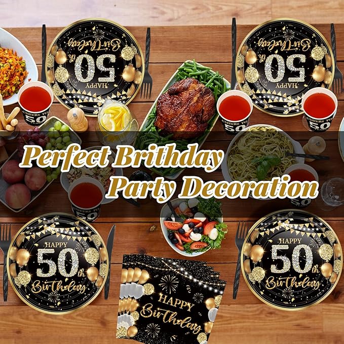 240 Pcs 50th Birthday Decorations 1976 Birthday Party Tableware Include Plates Napkins 9oz Cups Cutlery 50th Anniversary Party Supplies for Men Women Him Her, Serve 30 Guests (Black Gold)