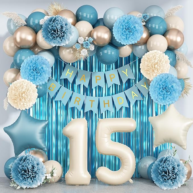 Dusty Blue 15th Birthday Party Decorations Boys Girls Beige Cream Number 15 Balloon with Blue Gold Happy Birthday Banner Fringe Curtain Paper Pom Poms Nude White Sand Champagne Star Foil Balloons