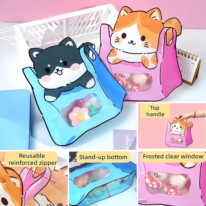 FERENLI 20 Pack Cartoon Gift Bags with Handle Clear Window Self Sealing Snacks Plastic Goodie Bags for Birthday Baby Shower Party Favor (7.8x8.2 inch, Mixed)