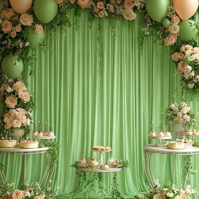 16x10FT Sage Green Backdrop Curtains for Wedding Parties, Wrinkle Free Polyester Photography Backdrop Drapes for Wedding Baby Shower Birthday Parties Stage Background Stand Decorations 4x10ft,4 Panels