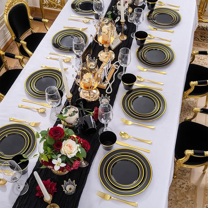 WELLIFE 600 PCS Black and Gold Disposable Dinnerware Set for 100 Guests, Gold rimmed Plastic Dinner Plates,Salad Plates,Cups,Silverware Set for New Year Party Supplies