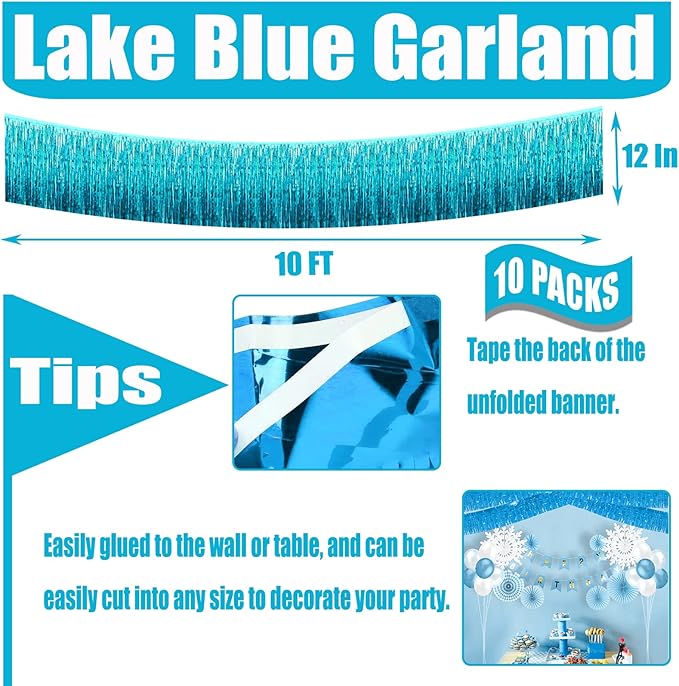 10 Pack 10 Feet Lake Blue Foil Fringe Garland Metallic Tinsel Streamers Banner Wall Hanging Curtain Backdrop for Parade Floats, Bachelorette, Wedding, Birthday, Halloween, Christmas Party Decorations