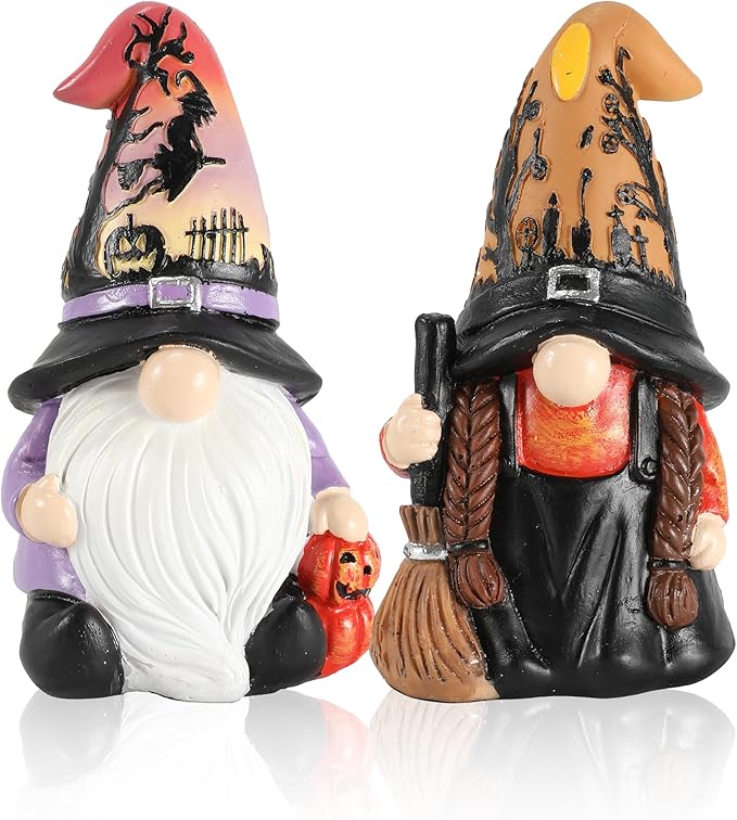 Halloween Gnomes and Witch Figurines - 2Pack Lights Up Fall Gnome Ornaments - 4.5'' Resin Indoor Halloween Decor for Women (Gnomes)