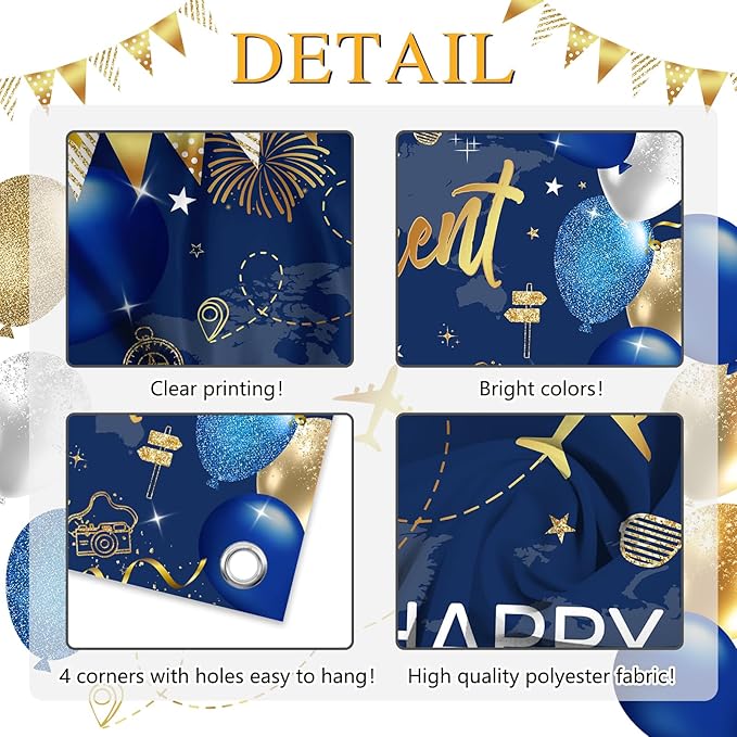 Mocsicka Happy Retirement Backdrop Pink Rose Gold Balloons Women Happy Retirement Banner Party Decorations Photo Booth Props (Blue Gold, 8x6ft)