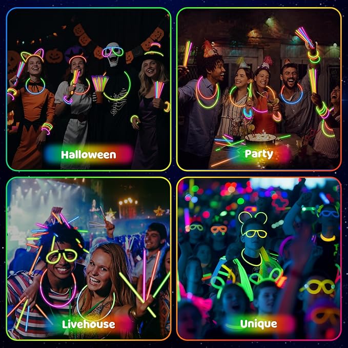 Mega-L 200 Pcs Glow Sticks Bulk Party Pack, Glow in the Dark Party Supplies, 8" Ultra Bright Glow Necklaces and Bracelets with Connectors for Neon Glow Birthday Pool Party, New Years Eve Party Favors