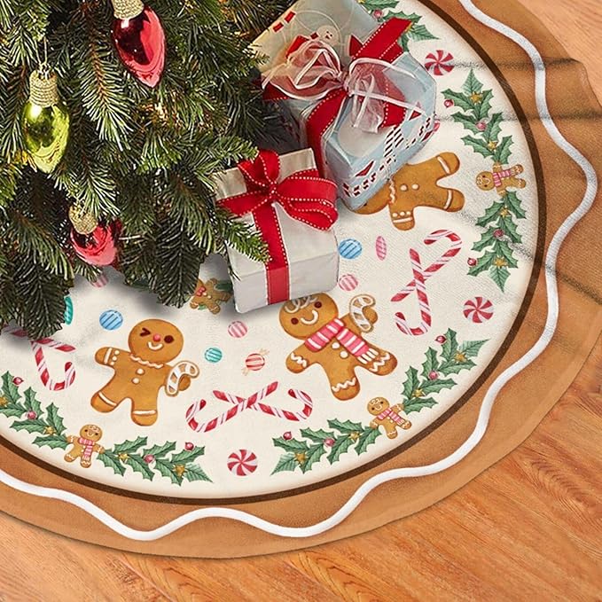 Candy Gingerbread Man Christmas Tree Skirt Xmas Tree Mat Halloween Thanksgiving Christmas Tree Ornaments Decorations Holiday Party Indoor Outdoor 36"
