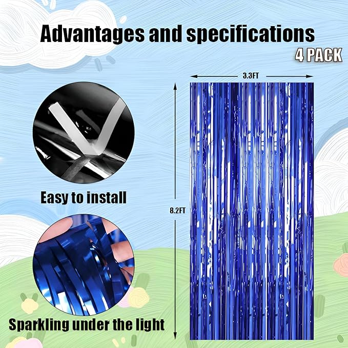 Valentines Day 4 Pack 3.3 * 8.3 ft Foil Curtain Metallic Tinsel Fringe Curtains Photo Booth Props Backdrop for Birthday Wedding Engagement Baby Shower Christmas Holiday Celebration Party,Blue