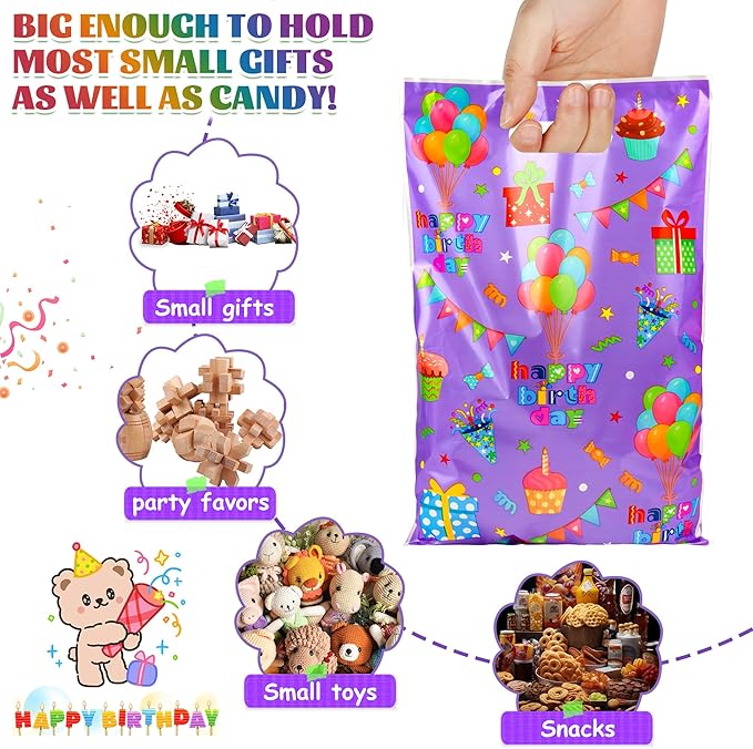 ZYLOP 100pcs Birthday Party Favor Bags - Plastic Happy Birthday Goodie Loot Gift Bags for Kids Girls & Boys Birthdays Party Supplies, Packaging Candy Treat Toys and Party Favors (6.5 x 9.8 Inches)