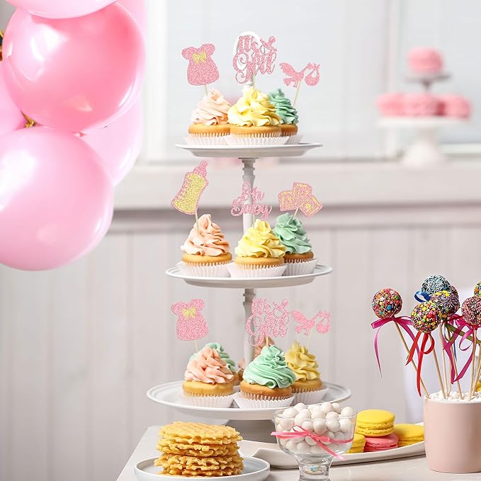 Gyufise 24Pcs Oh Baby Cupcake Toppers Glitter It's a Girl Cupcake Picks Bow Dress Baby Bottle Baby Shower Cake Decorations for Gender Reveal Baby Shower Kids Girls Birthday Party Supplies Pink