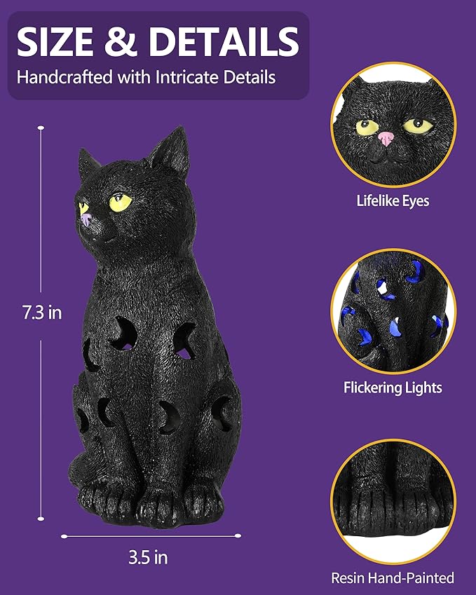 Black Cat Decor Halloween Decorations - 7.3'' Tall Resin Figurine with Moon Cutouts Color-Changing LED Flickering Lights (Halloween Cat)