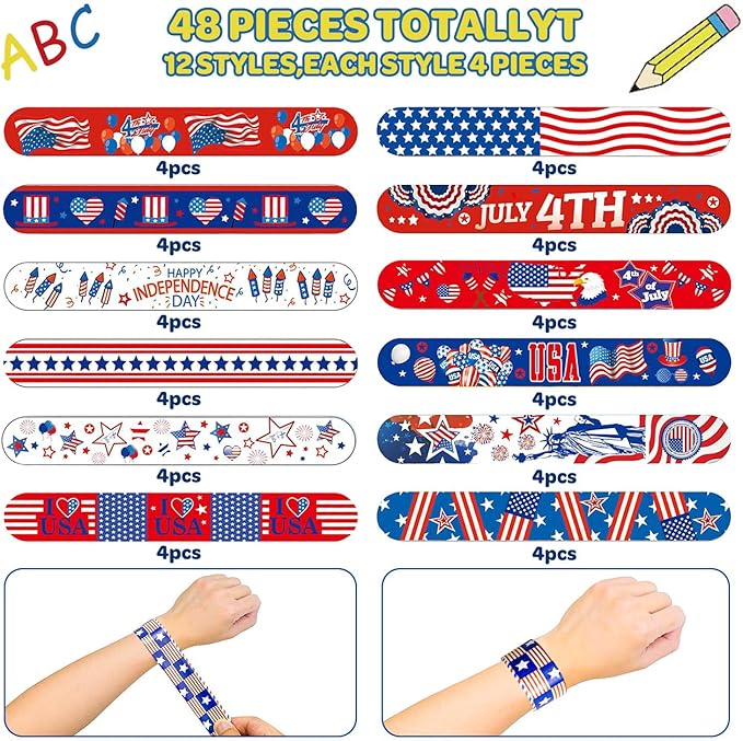 48 pcs 4th of July Slap Bracelets Toys, 4th of July Party Favors Supplies Patriotic Accessories Decorations