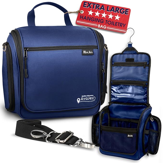 Extra Large (11.8”x11.8”x4”) Hanging Travel Toiletry Bag for Men and Women - Cosmetic Travel Bag With Shoulder Strap - Waterproof Hygiene Bag with Metal Swivel Hook and 19 Compartments for Toiletries