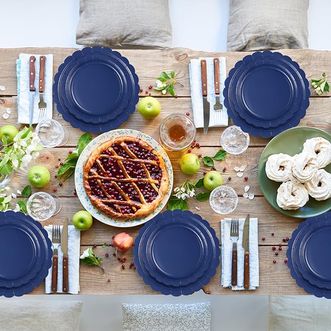 175 Pcs Navy Blue Plates and Napkins, 25 Guest Navy Blue Party Supplies Inlcudes Scalloped Plates Napkins Cups Plastic Cutlery for Birthday, Wedding, Picnic