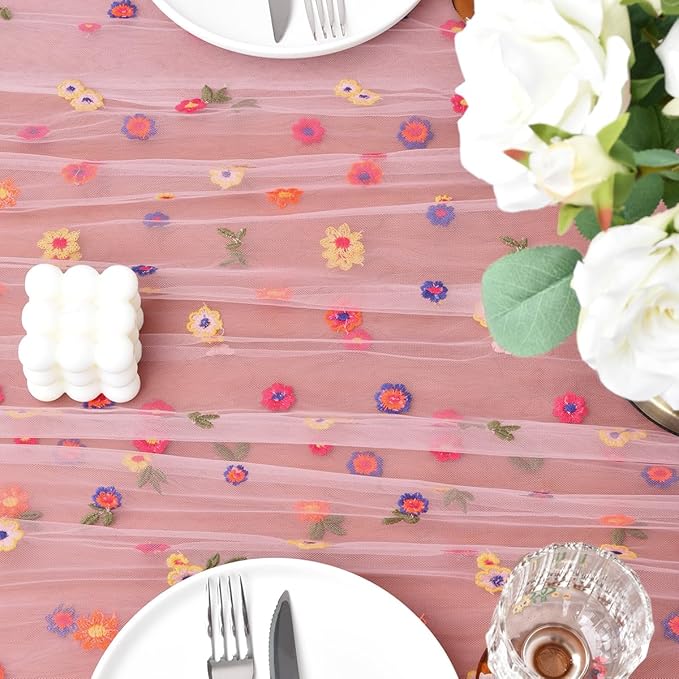 Joanlody Blushing Pink Embroidery Daisy Valentine’s Day Table Runner Florals Seasonal Easter Tulle Table Runner Holiday Kitchen Dining Table Decoration for Home Party Indoor