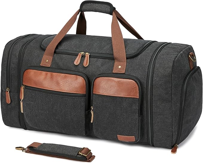 Canvas Duffle Bag for Travel 65L Expandable Travel Duffel Bags for Men Women Overnight Weekend Gym Bag with Shoes Compartment - Dark Grey(65L)