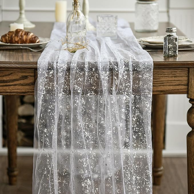 Artoid Mode White Silver Gauze Table Runner 120 Inch 10FT, Glitter Metallic Foil Sheer Dining Holiday Wedding Anniversary Birthday Table Decor for Home Party