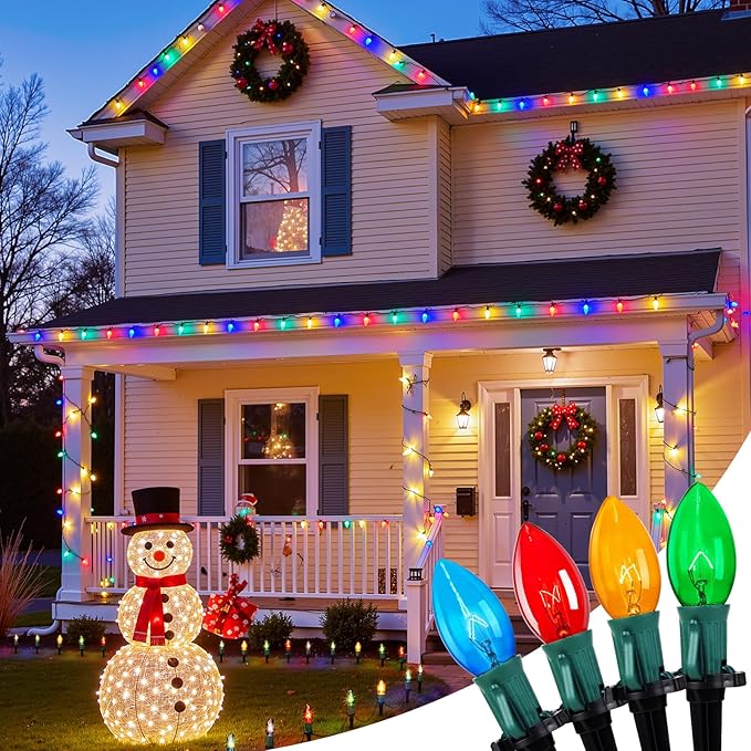 Christmas Pathway Lights Outdoor, 102.8 Ft Driveway Christmas Lights with 80 Multicolor Bulbs and Stakes, Connectable Outdoor Decorations Yard Walkway Sidewalk Holiday, Multicolor
