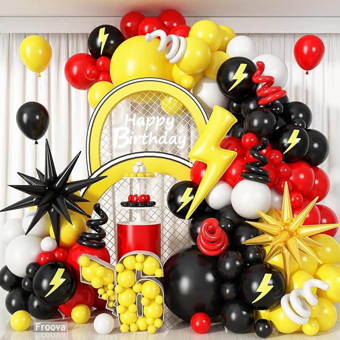Red Black Yellow Balloon Garland Arch Kit, 117pcs Cartoon Birthday Party Decorations with White Long Balloon Lightning Strike Gold Explosion Star Foil Balloons for Cartoon Ball Baby Shower Party Decor
