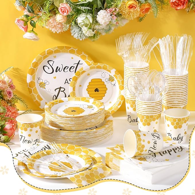 350 Pcs Bee Party Tableware for 50 Guests Baby Shower Bee Paper Plates Disposable Napkins Cups Plastic Knives Fork Spoon for Birthday Wedding