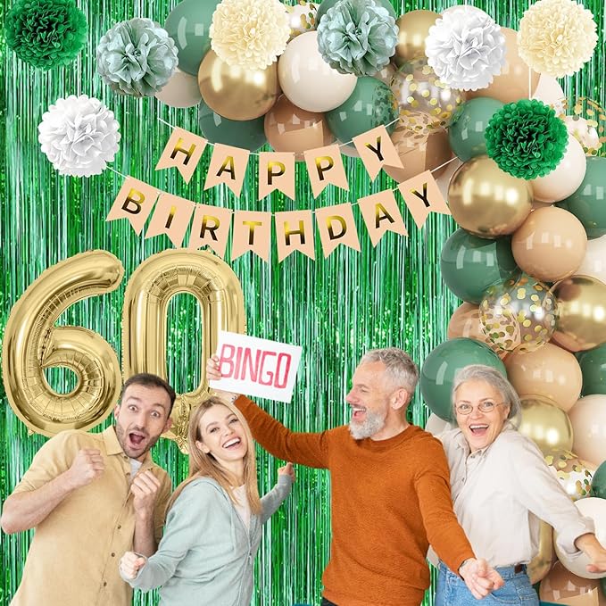 Sage Green 60th Birthday Decorations for Men Gold Number 60 Balloon Nude Gold Happy Birthday Banner Fringe Curtain Paper Pom Poms Olive Green Cream White Sand Star Foil Balloons Party Decor