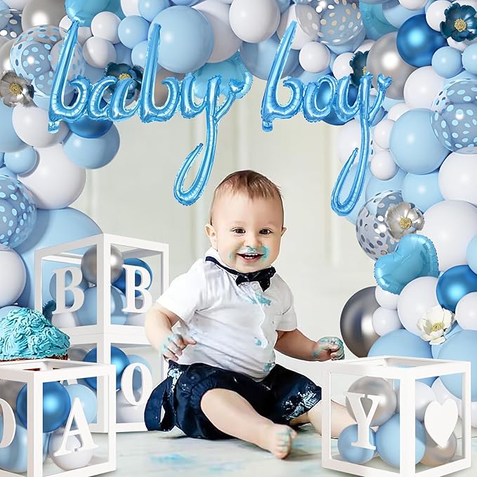 Amandir 137pcs Baby Blue Balloons Baby Shower Decorations for Boy with Baby Boxes, White Blue Balloon Arch Kit Baby Boxes with Letter (A-Z+Baby+Boy) for Boy 1st Birthday Gender Reveal Party Supplies