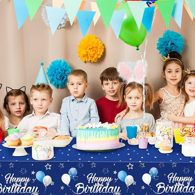 Tegeme Navy Blue Party Supplies Stars Happy Birthday Tablecloths Starry Confetti Table Covers for Kids Boys Girls Baby Shower Birthday Party Decorations(Navy Blue and Silver,1 Pack)