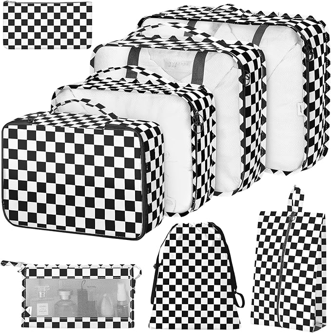 8 Set Packing Cubes for Suitcases,Packing Cube with Shoe, Cosmetics, Clothing, and Accessories Bags Packing Cubes for Travel Luggage Organizer Women Men(Black White Checkered)