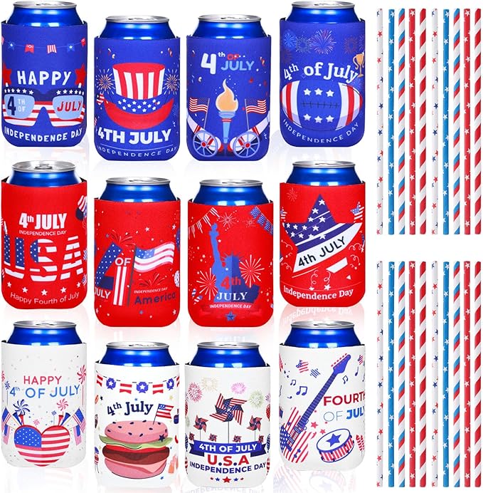 4th of July Decoration Can Cooler Sleeves, 12 Pcs Independence Day Can Party Supplies USA Flag Insulated Collapsible 4th of July Cooler Sleeves for Patriotic Memorial Day (A)