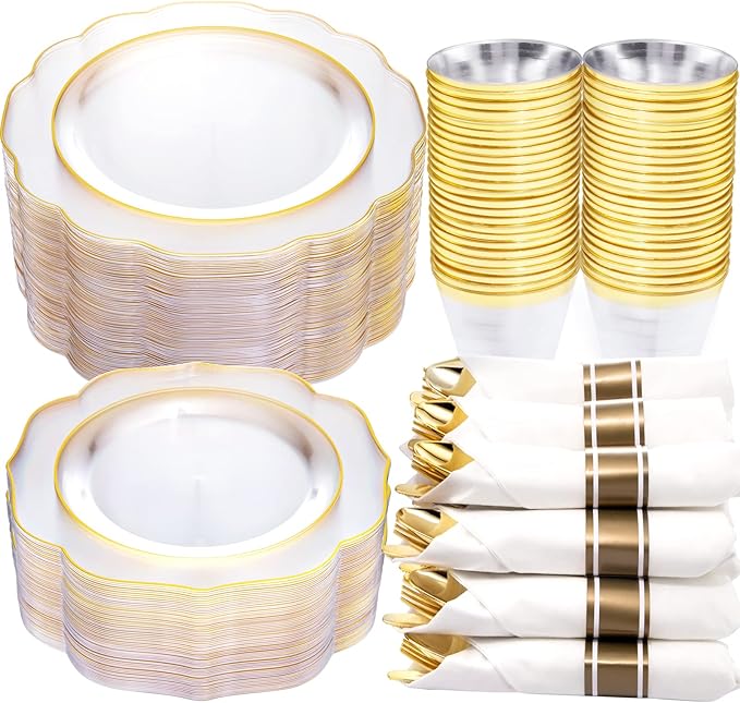 NOCCUR 50Guest Gold Rim Clear Plastic Plates&Disposable Silverware Cups-Include 100Plastic Plates, 150Gold Utensils, 50Cups and 50Napkins-Idea for Wedding/Party