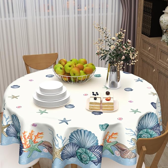 Summer Nautical Coastal Round Tablecloth 60 Inch Coral Shells Starfish Circle Table Cloth Blue Table Cover Washable Polyester Decorations for Kitchen Dinning Room Party
