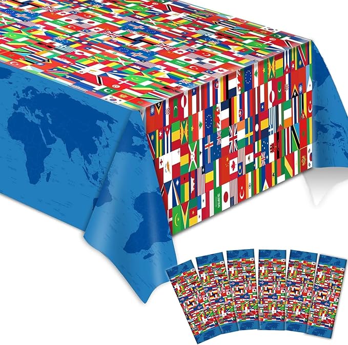 6 Pieces International Flag Tablecover World Flag Party Tablecloth Decorations Disposable Plastic Table Cover Birthday Party Decor Supplies Favors Outdoor Indoor