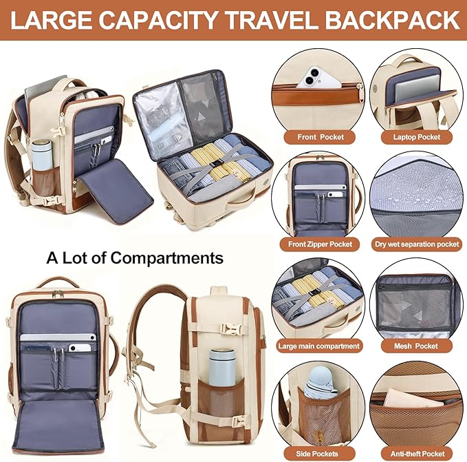 Travel Backpack for Women Airline Approved Carry On Backpack with Shoe Pouch,TSA 15.6inch Laptop Mochila Flight Approved Personal Item Bag for Weekender Overnight Bags Bookbag Travel Essentials,Beige