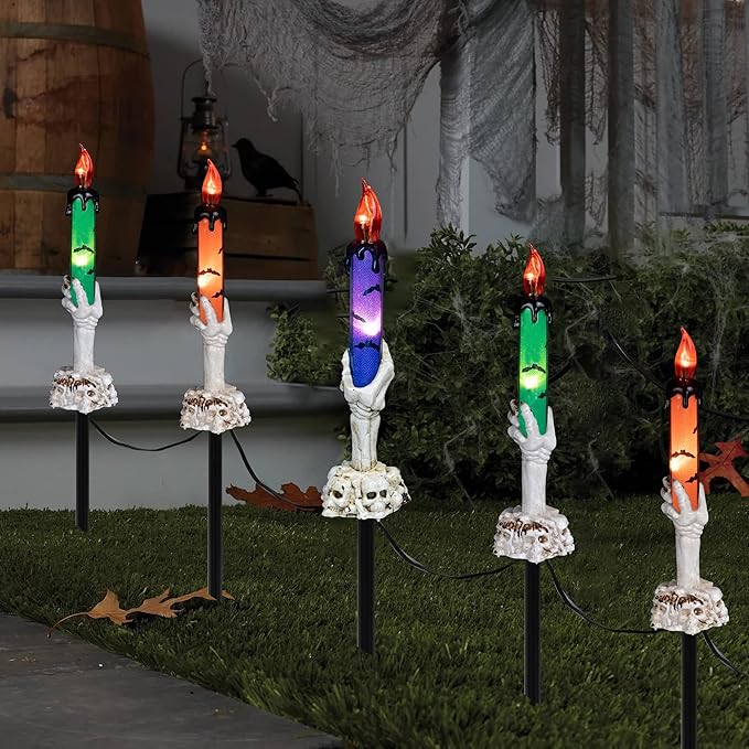 Hourleey Halloween Decorations, 5 Pack Skull Candle Lights with Stakes, Battery Operated Waterproof Pathway Decor with Timer for Indoor Outdoor Front Pathway Lawn Yard Garden