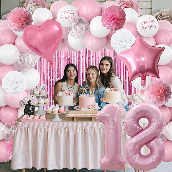 18th Birthday Decorations for Girls Pink Number 18 Balloon Bow Coquette Happy Birthday Banner Fringe Curtain Paper Pom Poms Star Heart Foil Pink White Balloons 18 Year Old Party Decor for Her
