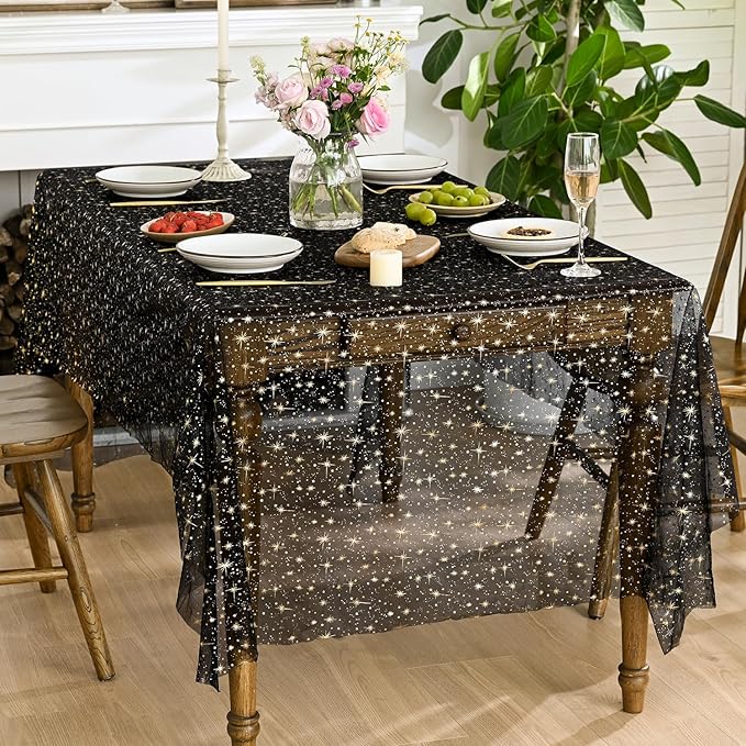 Horaldaily Black Gold Sparkling Star Gauze Tablecloth 60x84 Inch Rectangular, Golden Star Sequin Glitter Metallic Foil, Sheer Tulle Cheesecloth for Wedding Baby Shower Party