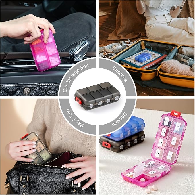 3 Pack 14 GRIDS Travel Pill Organizer Box with Labels - Travel Medicine Case Kit - Pocket Daily Pharmacy Container - Travel Medication Holder Dispenser for Fish Oil Vitamin Supplement Storage - Clear