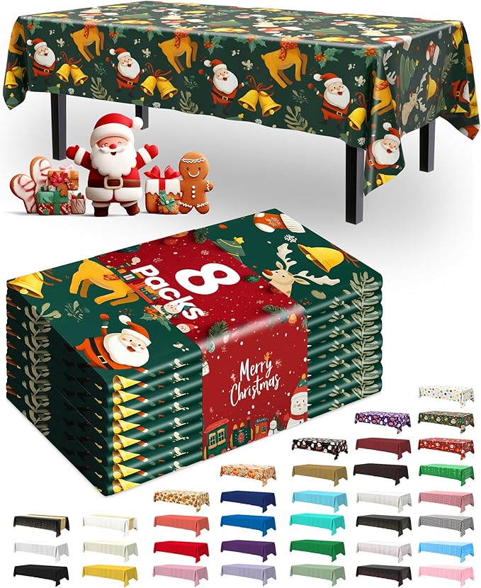 Pureegg Plastic Table Cloth Disposable 8 Pack, 54 x 108 Inch Rectangle Tablecloths, Sturdy Leakproof Plastic Covers for Party, Picnic, Wedding, Winter & Xmas Decoration, Christmas Green