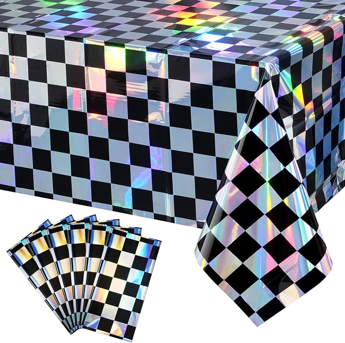 6Pack Black and Iridescent Checkered Plastic Tablecloth, Shiny Disposable Laser Rectangle Table Covers, Holographic Foil Tablecloth Iridescent Party Decorations for Picnic Camping Race Car, 54x108Inch