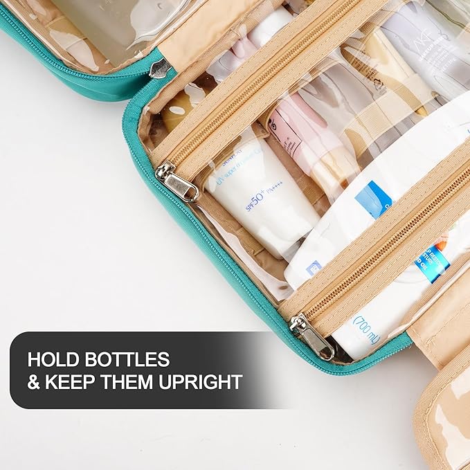Travel Hanging Toiletry Bag for Women and Men, with 8 Leak Proofing Silicone Bottle Covers, Waterproof Makeup Accessories, Cosmetic Essentials, Toiletries Dopp Kit Set with Jewelry Organizer, Blue