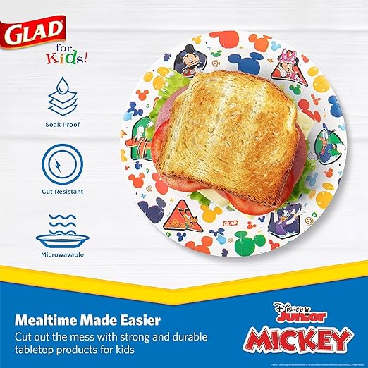 Glad for Kids Disney Mickey and Friends Disposable Paper Plates for Snacks and Meals, Heavy Duty Soak Proof Cut Resistant Microwave Safe Kids Plates, Party Pack, 8.5 Inch, 40 Count - 8 Pack