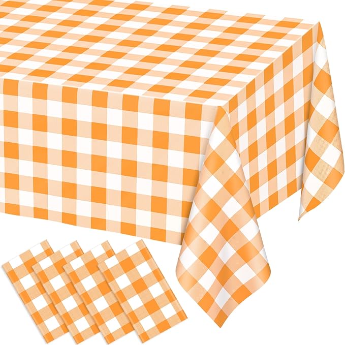 WNINK 4 Pack Orange and White Checkered Rectangular Plastic Tablecloths, Orange Gingham Waterproof Disposable Table Covers 54" x 108" for Birthday, Wedding, Outdoor Picnic Camping Parties