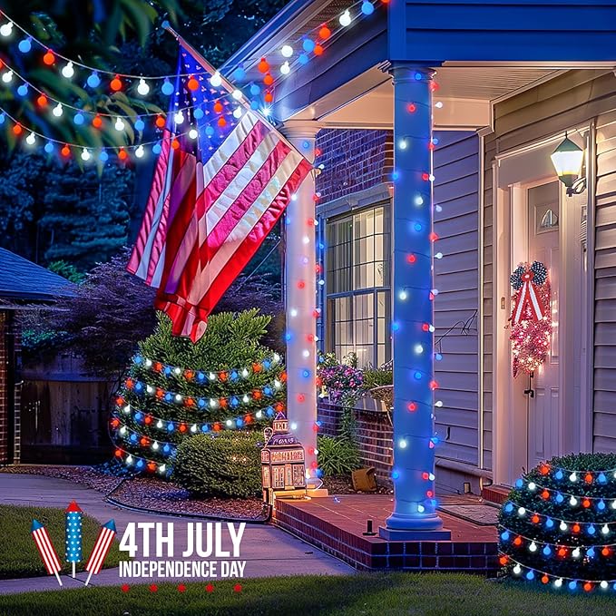 JMEXSUSS Connectable Red White and Blue Lights Indoor Outdoor, 100 LED 33ft 4th of July Decorations Light Plug in, 8 Modes Globe String Lights with Remote for Independence Day Party Patriotic Decor