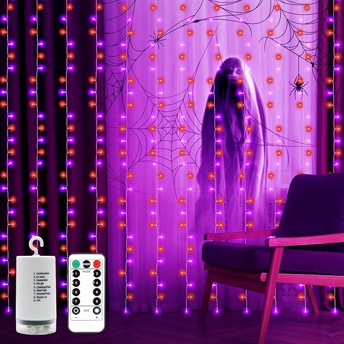 echosari Halloween Curtain Lights Battery Operated, 300 LED Purple Orange Fairy Curtain Lights 9.8Ft x 9.8Ft Hanging Lights with Remote Timer for Party Garden Yard Decor