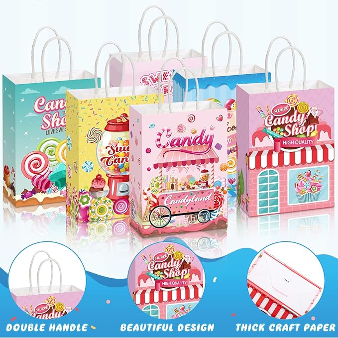 Sinload 48 Pcs Candy Sweet Goodie Bags with Handles Lollipop Gift Bags Candy Party Favors Sweet Shop Theme Treat Boxes for Classroom Prizes Supplies Birthday Wedding Baby Shower Party Decor